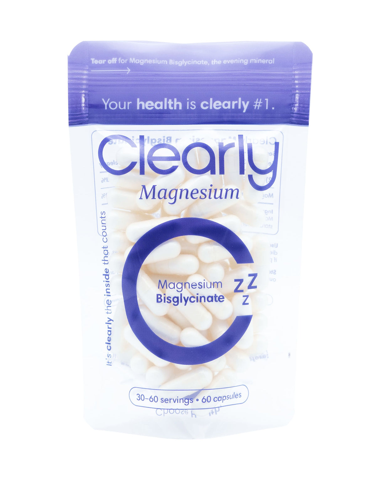Clearly Magnesium Bisglycinate supplement bottle with label, showing capsules and product information on the front.