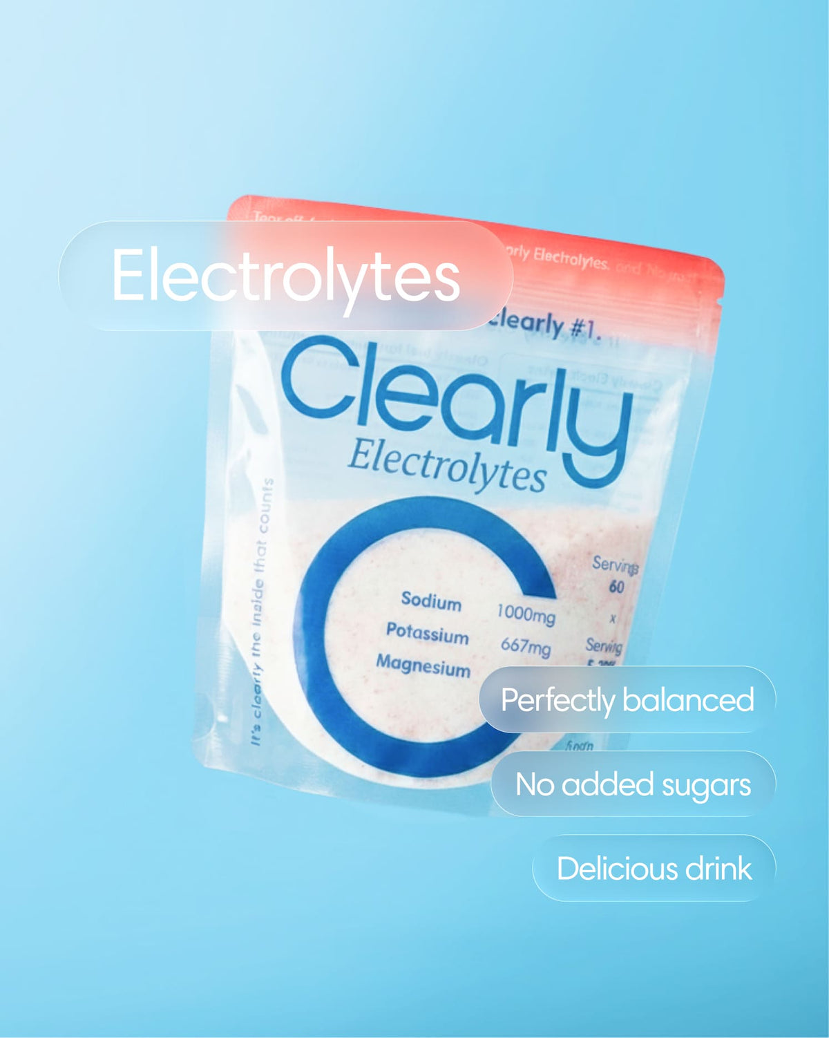 Clearly electrolytes powder in a white container, showing the front label with branding and product details.