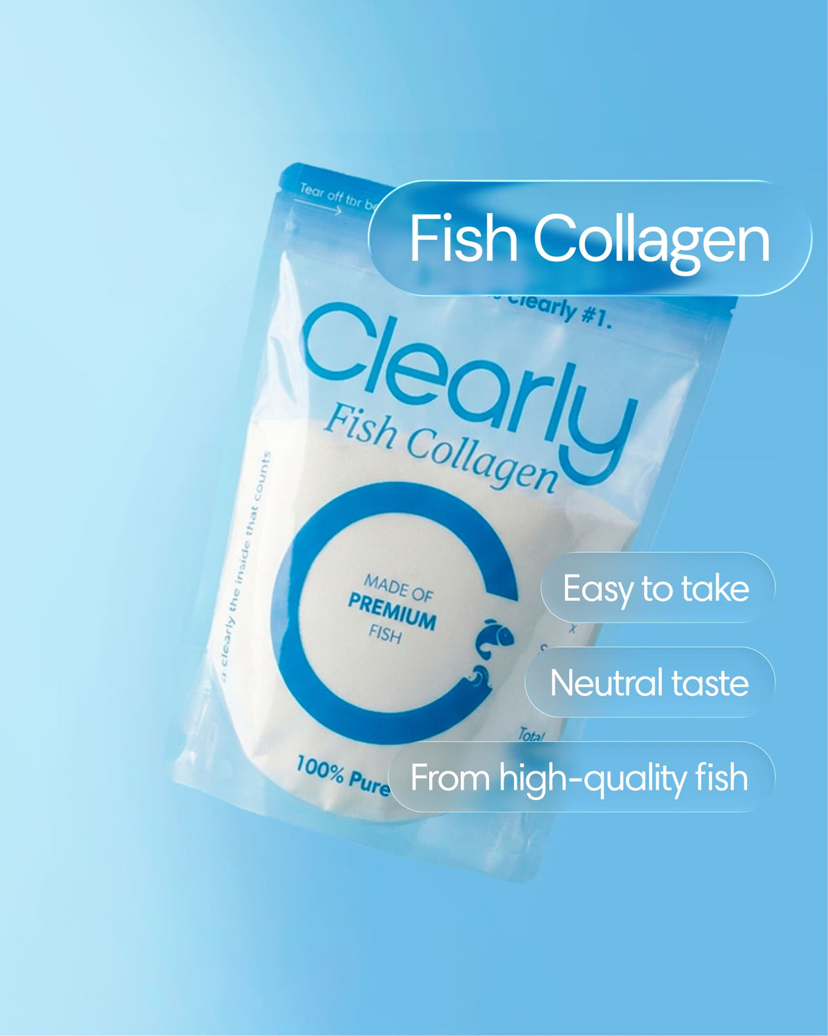 Clearly fish collagen supplement bottle with label visible, showcasing the product’s focus on marine collagen for skin health.