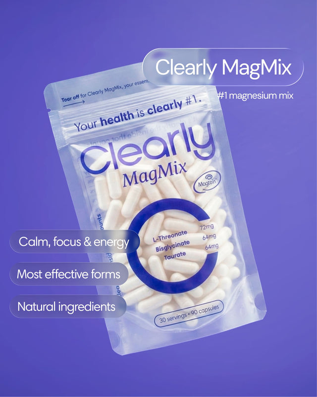 Front view of Clearly Magnesium Mix bottle, showing the label and product details on the supplement container.