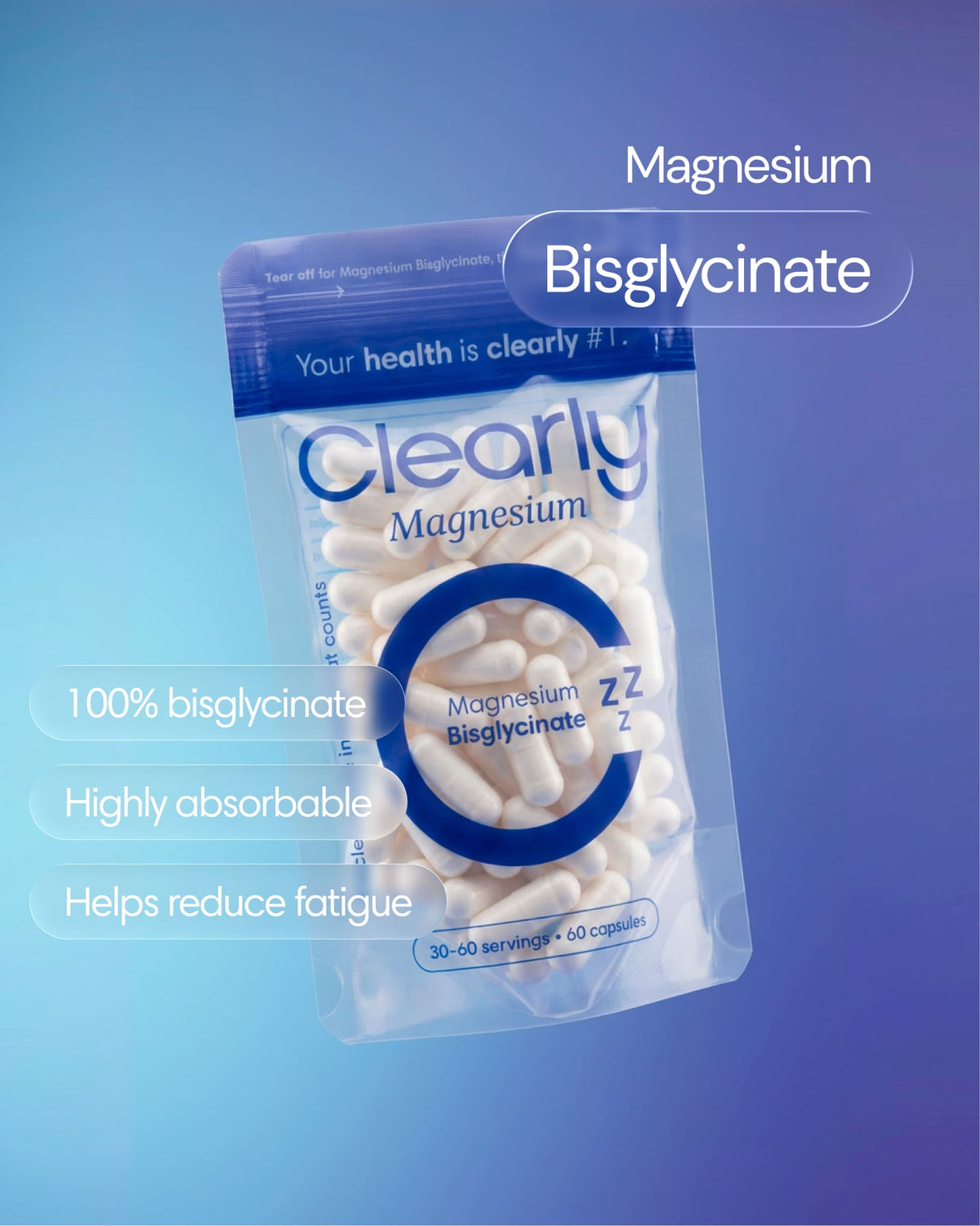 Clearly Magnesium Bisglycinate supplement bottle with label showing product name and dosage information.