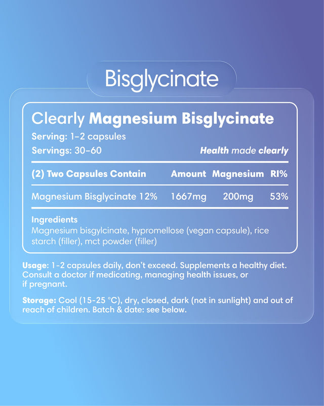 Clearly Magnesium Bisglycinate supplement label showing product name and ingredients on the bottle.