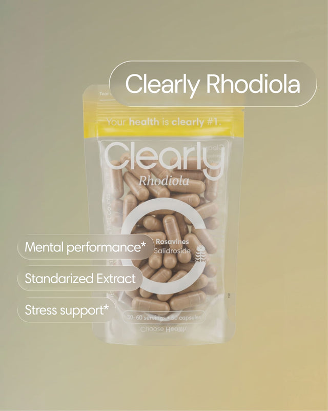 Clearly Rhodiola capsules in a bottle, showing the front label and capsules inside, for herbal supplement and adaptogen support.