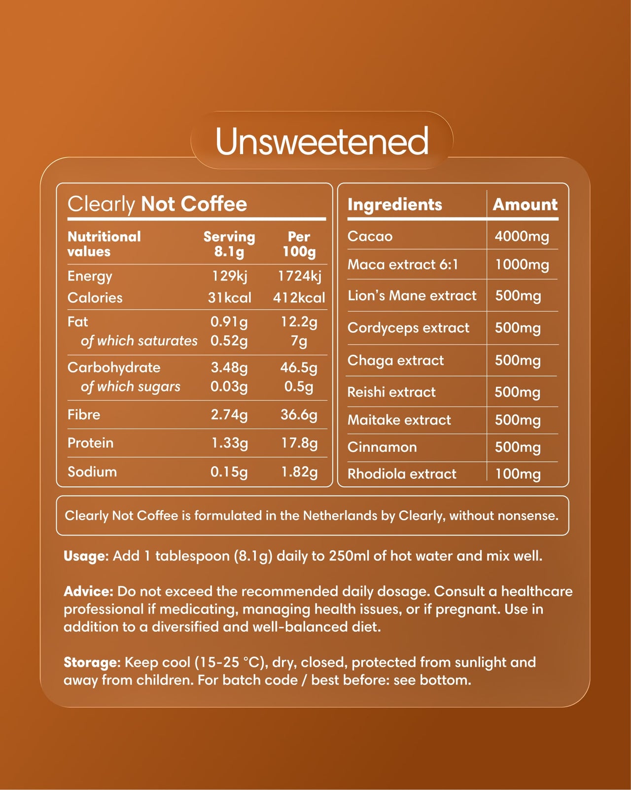 “Nutritional facts and ingredients label for Clearly Not Coffee Unsweetened, featuring cacao and functional mushroom extracts with no added sugars.”