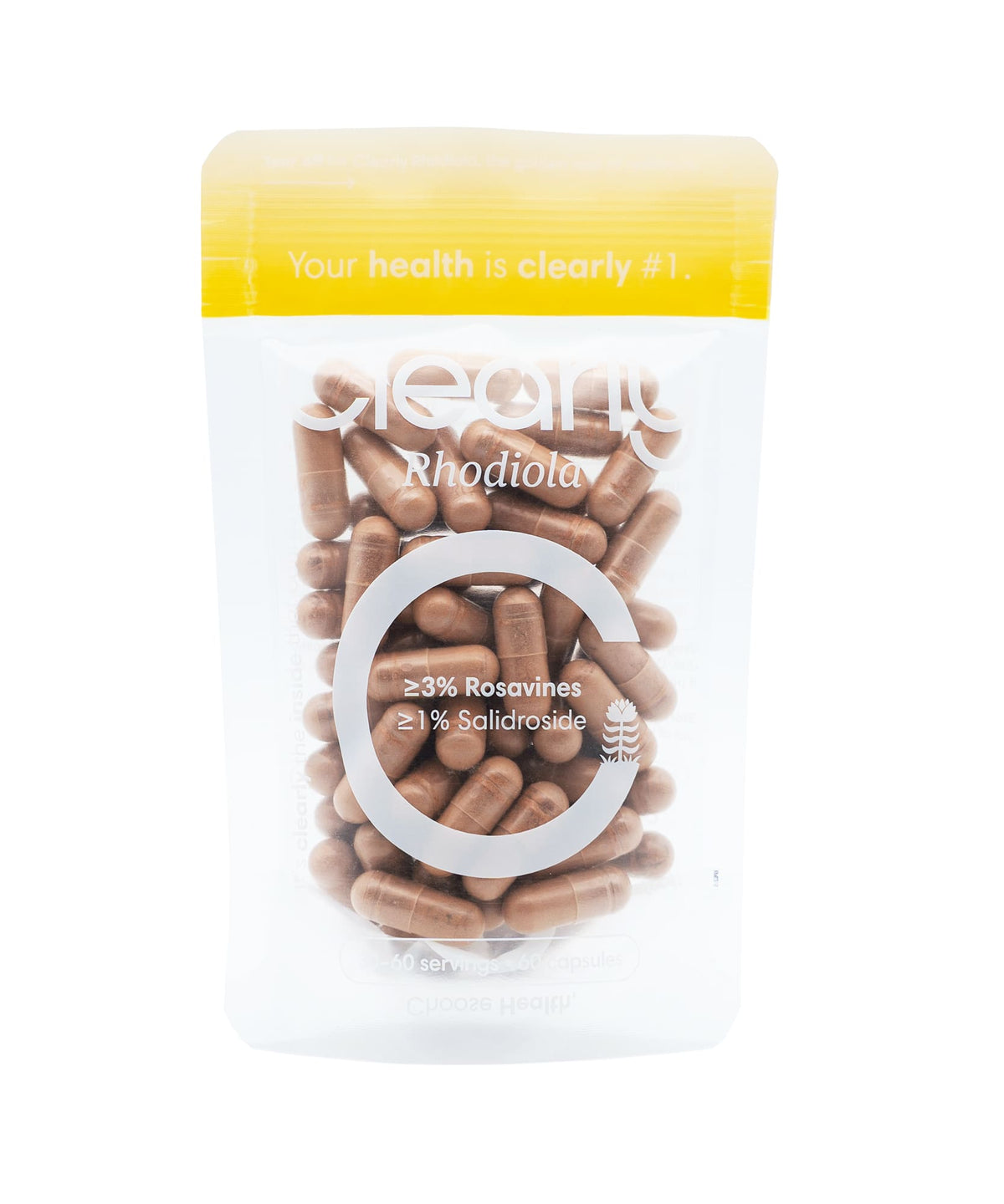 Clearly Rhodiola capsules bottle showing the label and capsules inside, emphasizing herbal supplement and natural wellness.