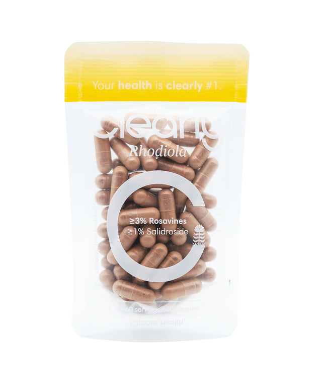 Clearly Rhodiola capsules bottle showing the label and capsules inside, emphasizing herbal supplement and natural wellness.